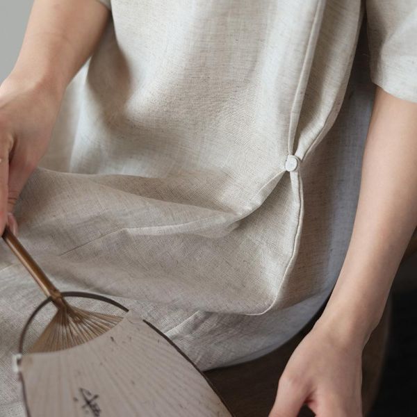 春夏亚麻短袖顯瘦掐腰連衣裙｜兩色 鹿与安笛夏季新款亚麻短袖连衣裙高级感气质掐腰显瘦日系a字长裙