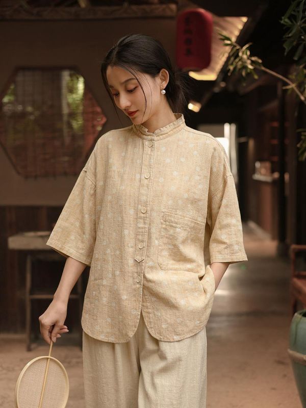 春季棉麻印花七分袖新中式襯衫｜兩色 春季新款棉麻女装衬衫苎麻印花七分袖高级感新中式衬衣女