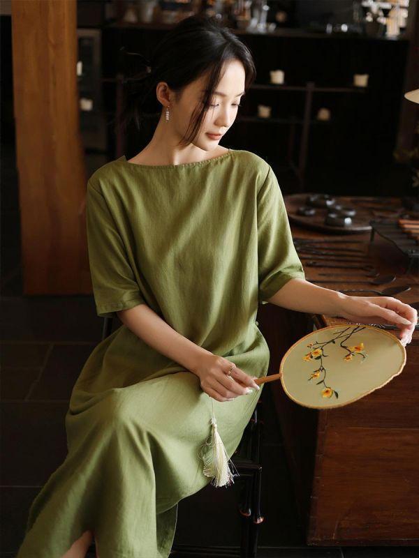 春夏亚麻短袖顯瘦掐腰連衣裙｜兩色 鹿与安笛夏季新款亚麻短袖连衣裙高级感气质掐腰显瘦日系a字长裙