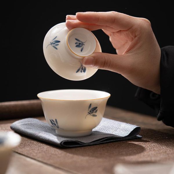 一人飲便攜旅行快客套組｜手繪秋蘭 盖碗纯手绘蝴蝶兰花陶瓷功夫茶具套装快客杯便携户外一人饮泡茶杯