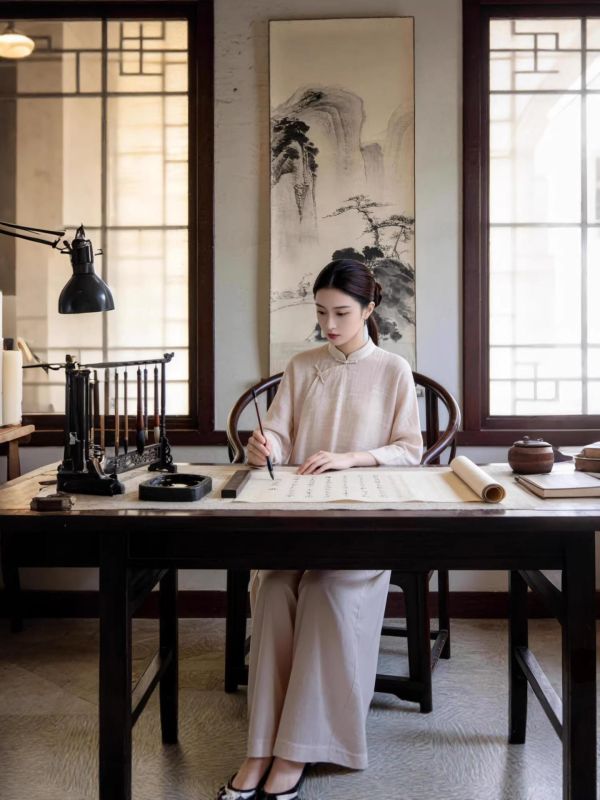 茶杏新中式斜襟長袍寬褲茶禪套裝 9259茶杏新中式两件套2026新款春装国风禅意茶服宽松斜襟立领长衫