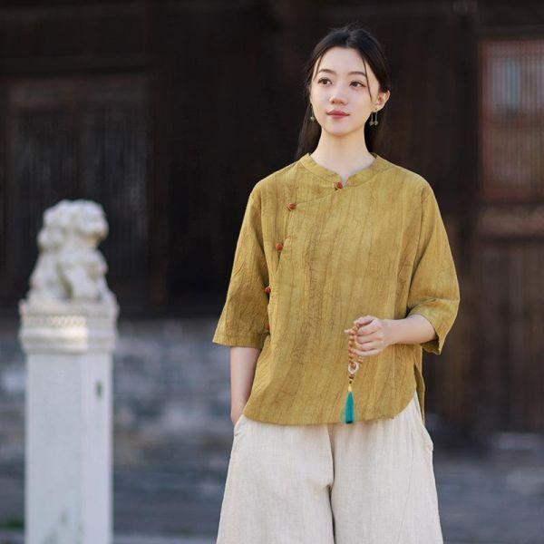 春夏苎麻扎染盘釦宽鬆复古女上衣｜三色 26夏新品苎麻扎染衬衫斜襟盘扣宽松大码复古国风水洗渐变女式上衣