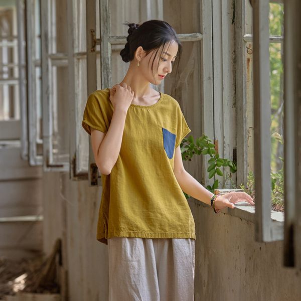 夏天丝苎麻文藝寬鬆顯瘦百搭T恤｜三色 25夏季棉麻女装新款天丝苎麻上衣自制文艺范宽松显瘦女式百搭T恤