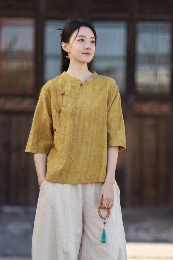 春夏苎麻扎染盘釦宽鬆复古女上衣｜三色 26夏新品苎麻扎染衬衫斜襟盘扣宽松大码复古国风水洗渐变女式上衣