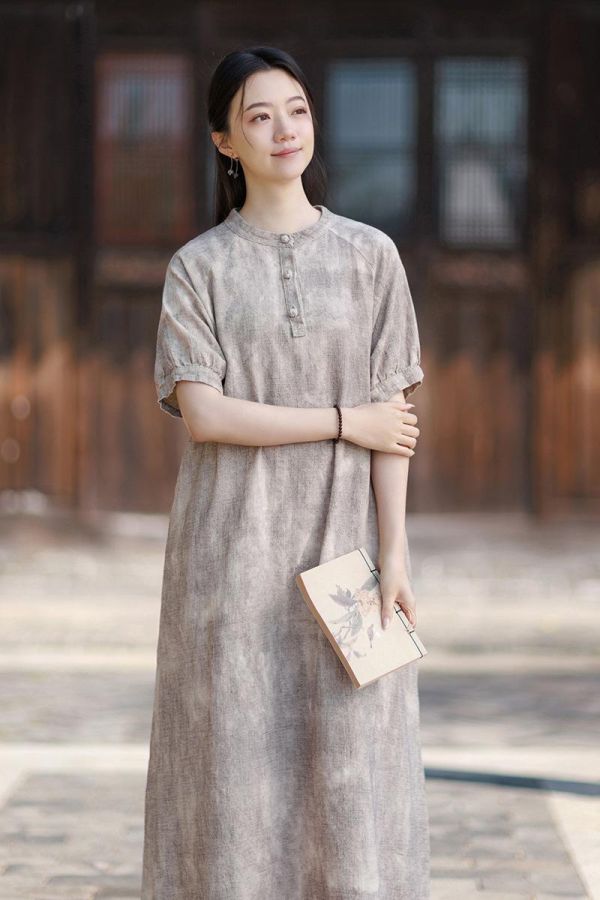 苎麻渲染顯瘦新中式泡泡袖連衣裙｜色 苎麻渲染气质显瘦新中式改良长裙茶歇法式泡泡袖长款连衣裙