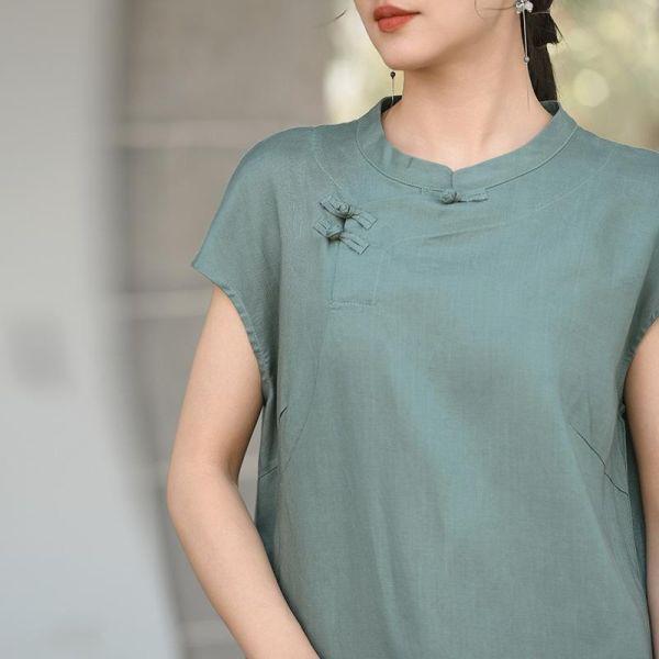 春夏天絲亞麻短袖復古旗袍連衣裙｜兩色 鹿与安笛夏季新款天丝亚麻短袖连衣裙高级感新中式长裙复古旗袍裙