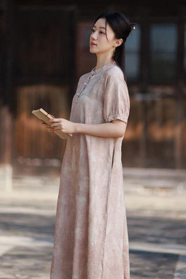 苎麻渲染顯瘦新中式泡泡袖連衣裙｜色 苎麻渲染气质显瘦新中式改良长裙茶歇法式泡泡袖长款连衣裙