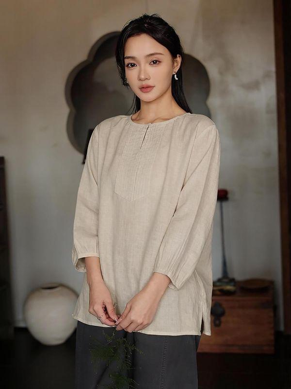 春夏圓領七分袖亞麻寬鬆透氣襯衫｜兩色 鹿与安笛夏季新款圆领七分袖亚麻上衣宽松设计感纯色透气文艺衬衫