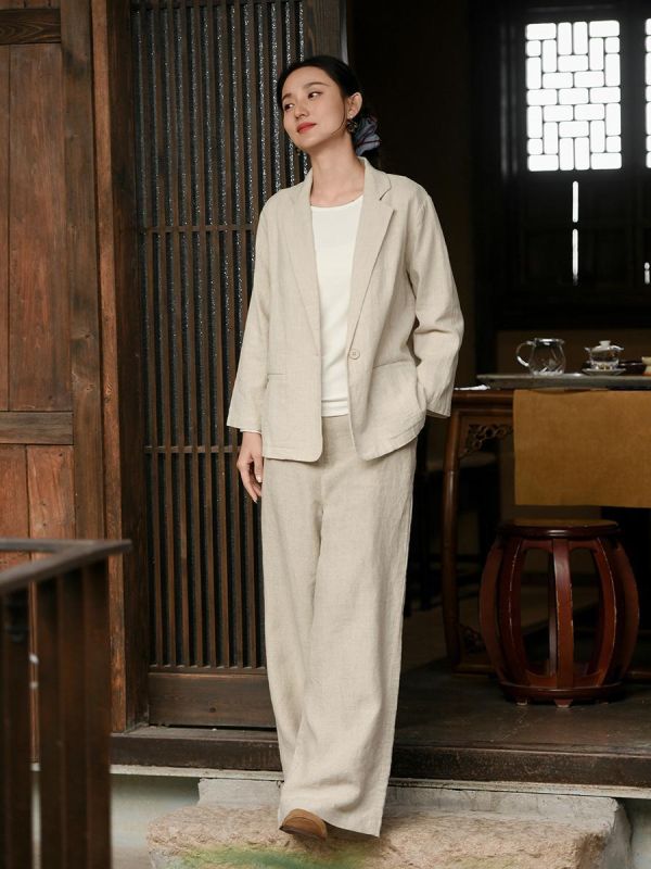 春夏秋棉麻新中式西装外套 鹿与安笛棉麻女装2026春季新款苎麻外套女新中式高级感西装上衣