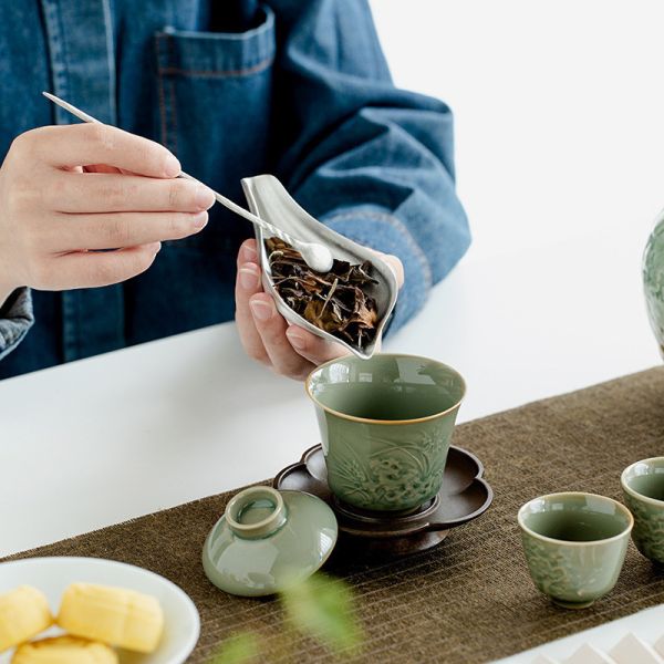 古錫蓮瓣茶荷茶則茶針兩件套組 墨己 定窑圆形壶承 茶道配件一盘多用茶点盘 陶瓷圆盘茶壶底托