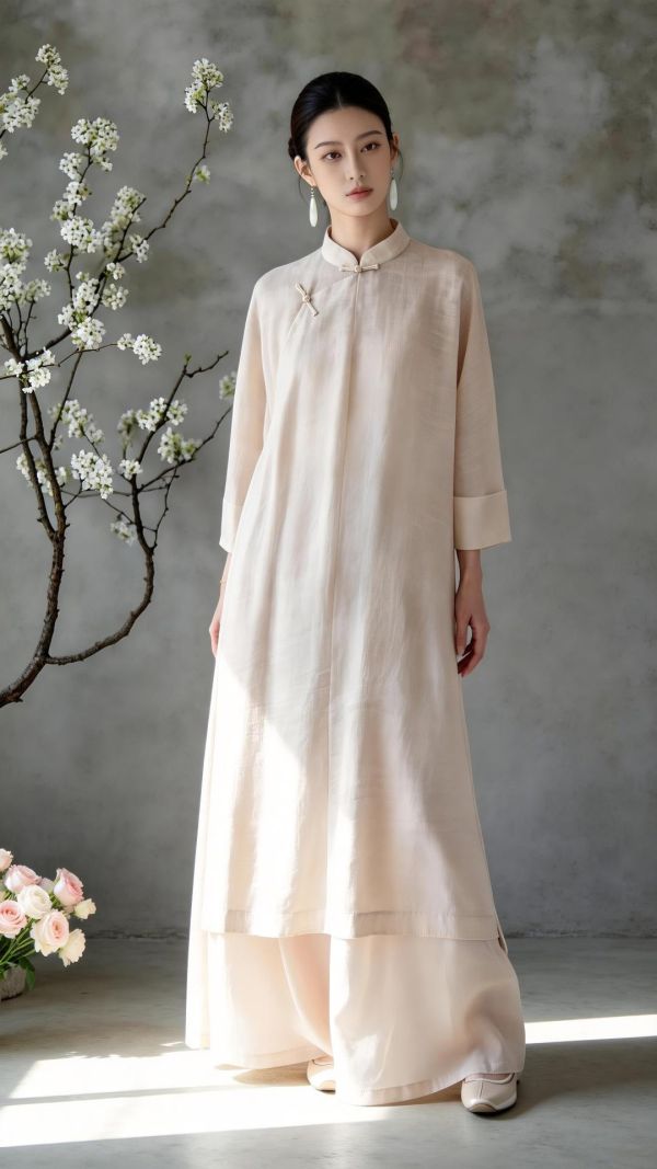 茶杏新中式斜襟長袍寬褲茶禪套裝 9259茶杏新中式两件套2026新款春装国风禅意茶服宽松斜襟立领长衫