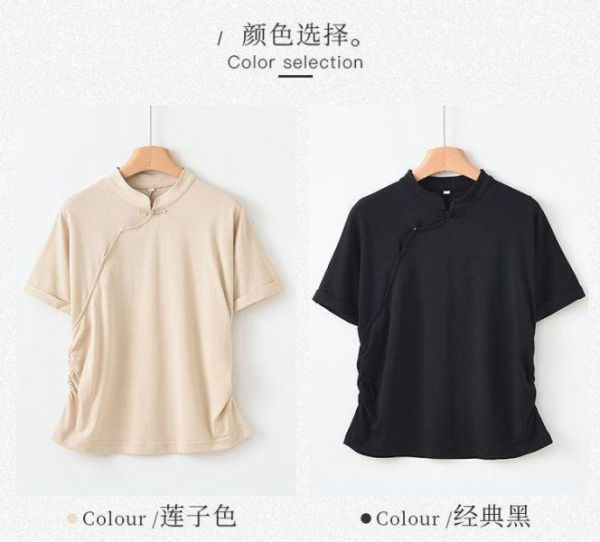 春夏短袖中國風斜開襟棉恤｜兩色 鹿与安笛夏季新款棉麻女装短袖t恤女新中式复古斜开襟中国风上衣