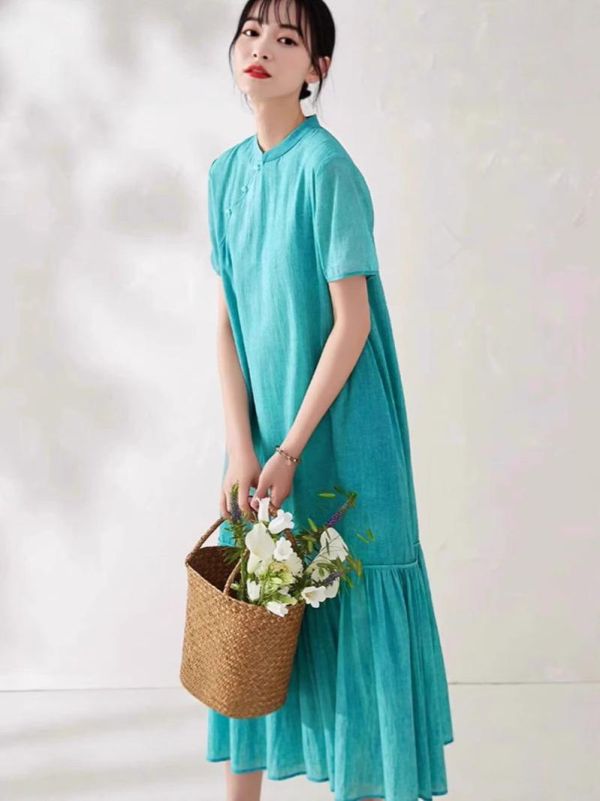 春夏盤釦改良旗袍禅意茶服連衣裙 2507夏季新款盘扣中国风改良旗袍禅意茶服中式文艺连衣裙茶艺中长