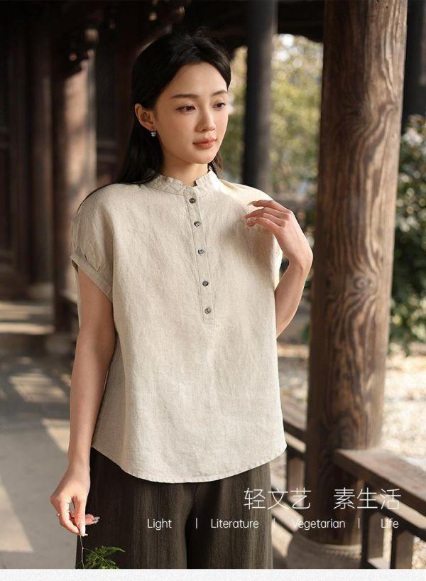 亞麻短袖寬鬆立領復古上衣｜兩色 鹿与安笛女装新款汉麻短袖上衣女夏新中式复古国风设计感收腰t恤