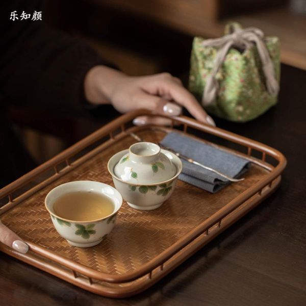 一人飲便攜旅行快客套組｜手繪桂花 一盖碗一杯纯手绘桂花一人饮草木灰主人杯家用陶瓷功夫茶具便携装