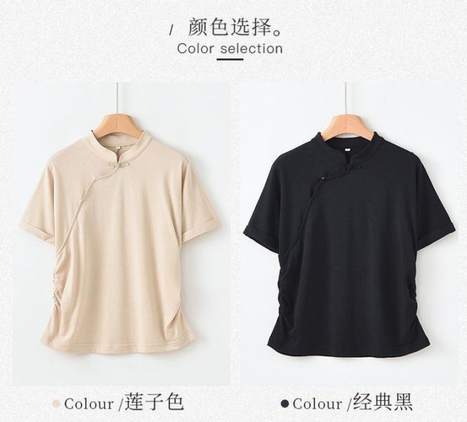 春夏短袖中國風斜開襟棉恤｜兩色 鹿与安笛夏季新款棉麻女装短袖t恤女新中式复古斜开襟中国风上衣