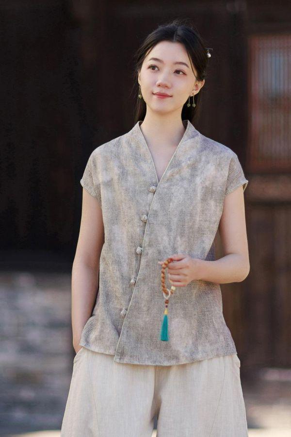 春夏V领無袖苎麻渲染新中式開衫｜三色 26夏女新款V领无袖衬衫苎麻渲染新中式汉服改良上衣个性百搭开衫