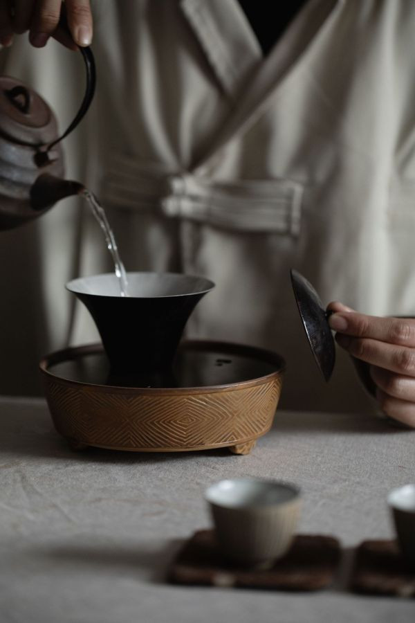手工復古做舊銅蓋漢宮蓄水壺承｜二色 梵汝 景德镇日式复古耿萧干泡盘茶承家用功夫茶具壶承干泡台配件