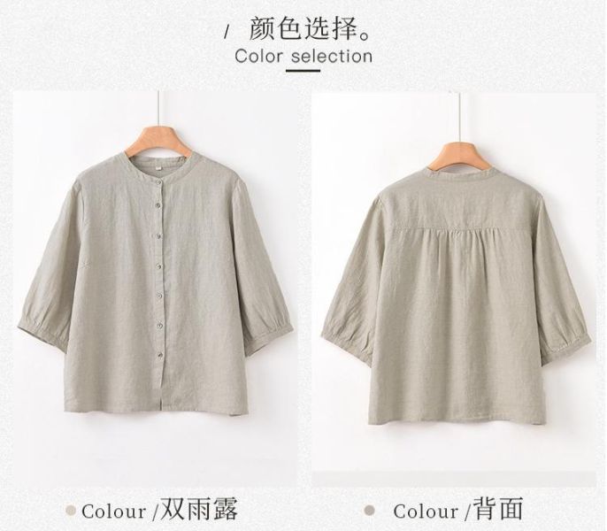 夏季亞麻七分袖新中式寬鬆襯衫 鹿与安笛女装新款汉麻短袖上衣女夏新中式复古国风设计感收腰t恤