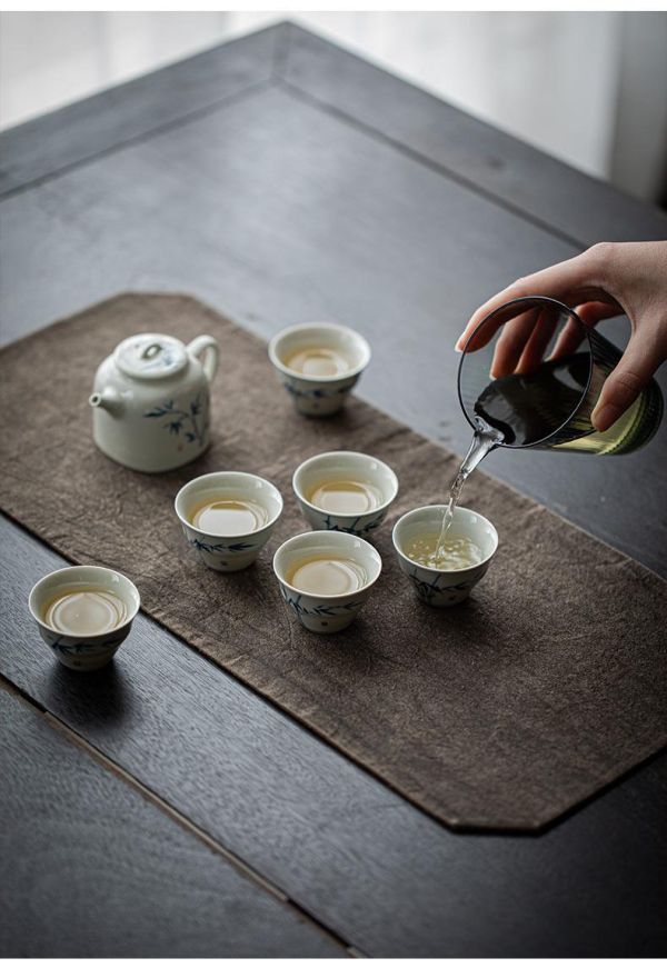 釉下彩手繪小方壺茶具套組（一壺六杯一盅） 弥言釉下彩手绘竹逸茶壶茶具套装手工陶瓷茶壶带过滤家用整套茶具