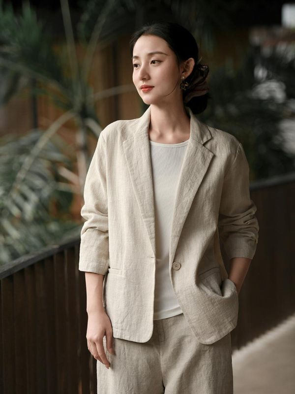 春夏秋棉麻新中式西装外套 鹿与安笛棉麻女装2026春季新款苎麻外套女新中式高级感西装上衣