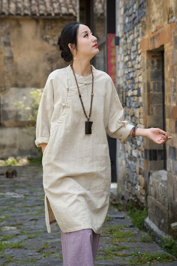 夏苧麻改良式禪意茶服盤扣長衫｜三色 文藝復古,新中式,茶服,森系,改良式旗袍
