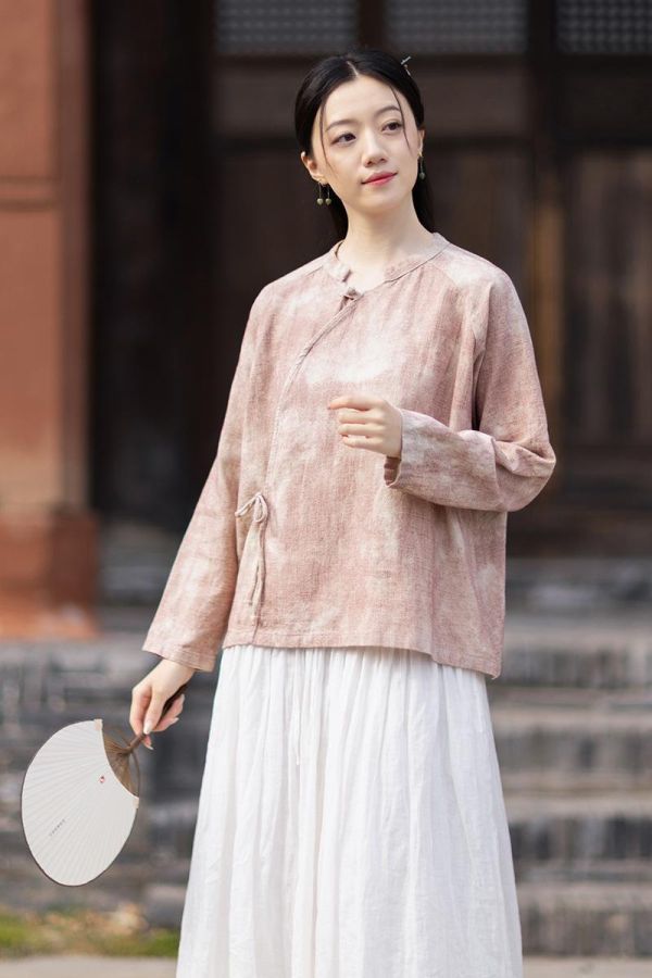 春夏苎麻渲染小衫禪意斜襟繫襯衫｜兩色 26夏女新品苎麻渲染小衫汉服改良斜襟系带衬衫禅意风透气防晒开衫