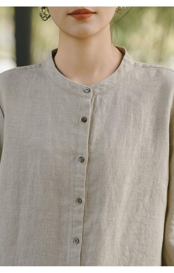 夏季亞麻七分袖新中式寬鬆襯衫 鹿与安笛女装新款汉麻短袖上衣女夏新中式复古国风设计感收腰t恤