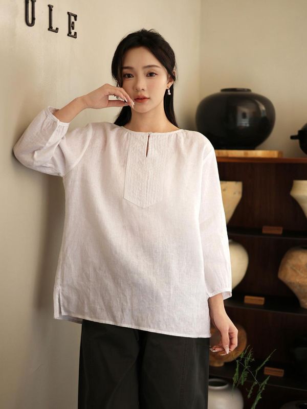 春夏圓領七分袖亞麻寬鬆透氣襯衫｜兩色 鹿与安笛夏季新款圆领七分袖亚麻上衣宽松设计感纯色透气文艺衬衫