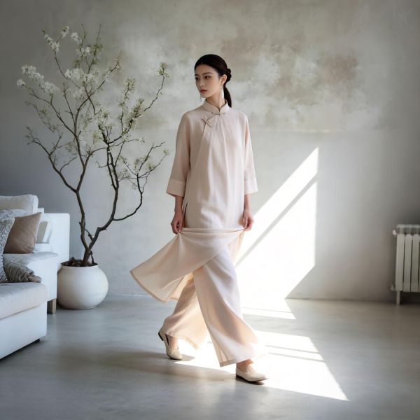 茶杏新中式斜襟長袍寬褲茶禪套裝 9259茶杏新中式两件套2026新款春装国风禅意茶服宽松斜襟立领长衫