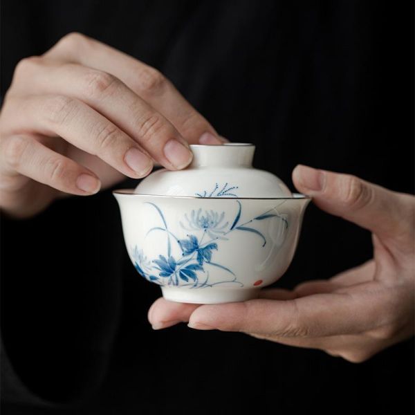 一人飲便攜茶蓋碗｜菊瓣 青己 旅行茶具一盖碗一杯 青花手绘一人饮便携陶瓷茶具兰花快客杯