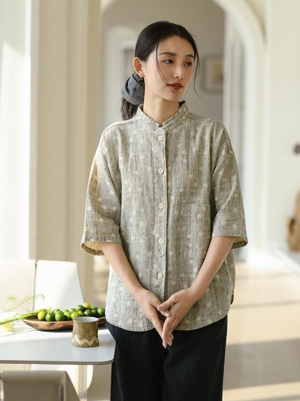 春季棉麻印花七分袖新中式襯衫｜兩色 春季新款棉麻女装衬衫苎麻印花七分袖高级感新中式衬衣女