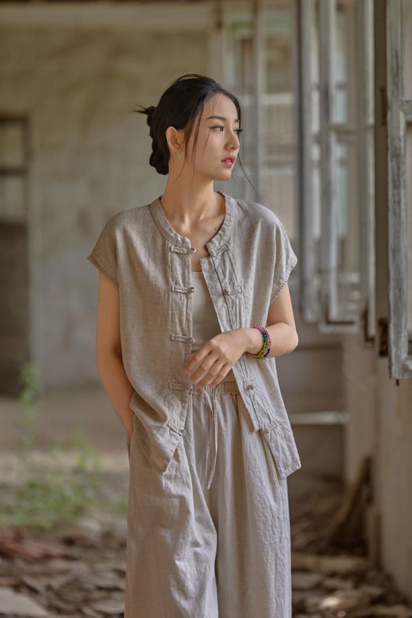 夏天丝苎麻開襟盤扣襯衫｜三色 夏棉麻女装新品中式改良自制开衫天丝苎麻修身显瘦女式短袖衬衫