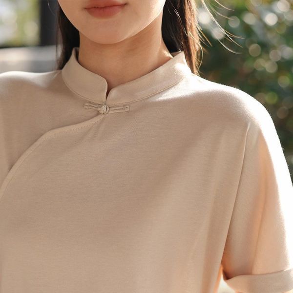 春夏短袖中國風斜開襟棉恤｜兩色 鹿与安笛夏季新款棉麻女装短袖t恤女新中式复古斜开襟中国风上衣