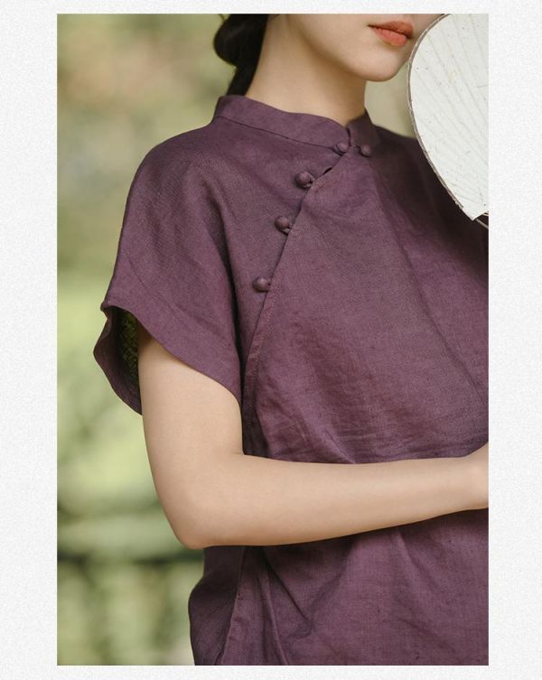 春夏漢麻短袖上衣女夏新中式復古｜兩色 鹿与安笛女装新款汉麻短袖上衣女夏新中式复古国风设计感收腰t恤