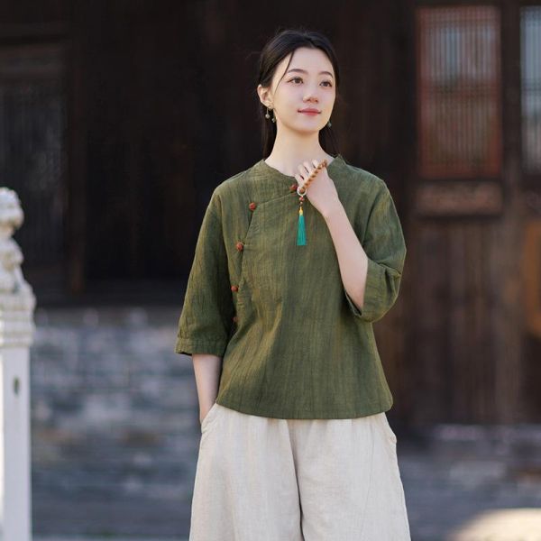 春夏苎麻扎染盘釦宽鬆复古女上衣｜三色 26夏新品苎麻扎染衬衫斜襟盘扣宽松大码复古国风水洗渐变女式上衣
