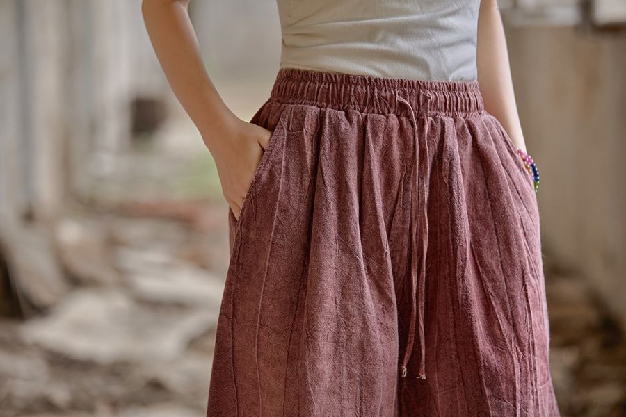 夏苧麻髒染休閒五分褲｜三色 文藝復古,新中式,茶服,森系,顯瘦