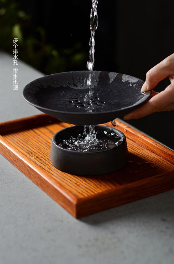手工銅錢紋禪黑雙層蓄水果盤壺承 景德镇铜钱纹粗陶手工陶瓷双层蓄水壶承干泡壶承茶盘茶道茶桌配件