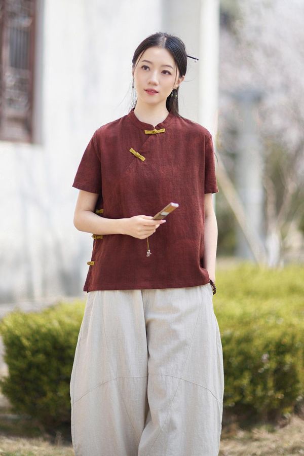 春夏棉麻渲染新中式改良盤釦禪意上衣｜三色 26夏季棉麻女装新款小衫苎麻渲染新中式改良斜襟盘扣T恤禅意上衣