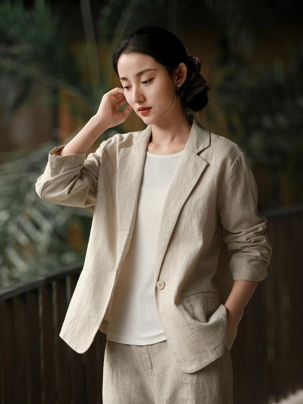 春夏秋棉麻新中式西装外套 鹿与安笛棉麻女装2026春季新款苎麻外套女新中式高级感西装上衣