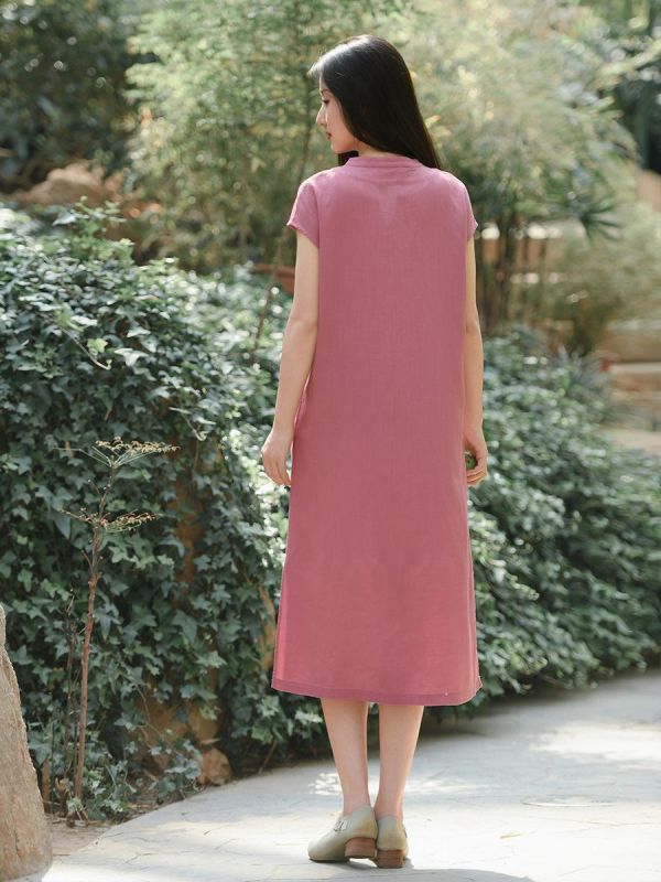 春夏天絲亞麻短袖復古旗袍連衣裙｜兩色 鹿与安笛夏季新款天丝亚麻短袖连衣裙高级感新中式长裙复古旗袍裙