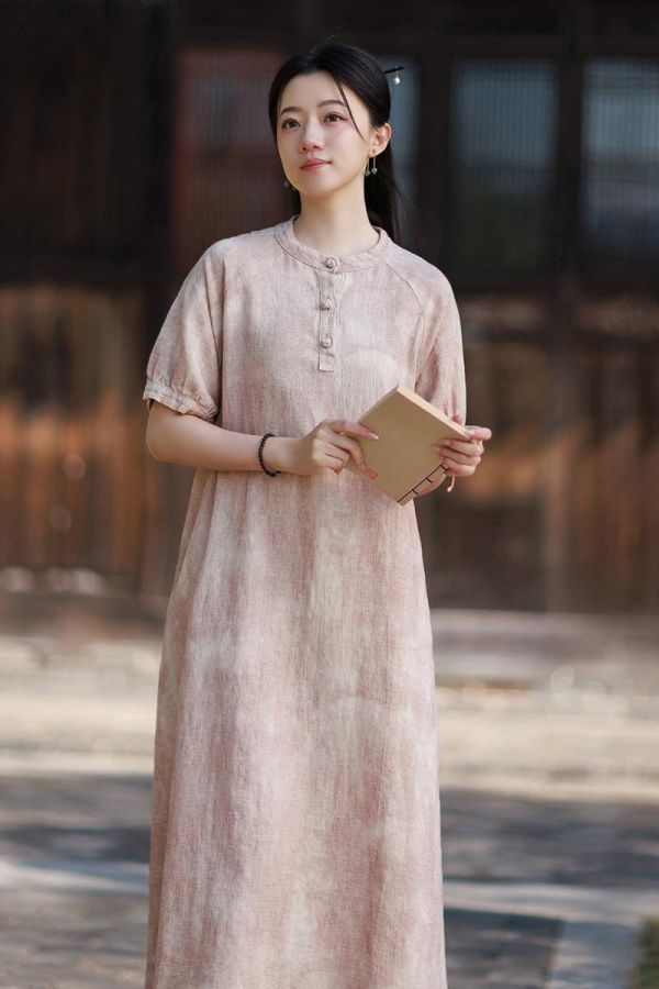 苎麻渲染顯瘦新中式泡泡袖連衣裙｜色 苎麻渲染气质显瘦新中式改良长裙茶歇法式泡泡袖长款连衣裙