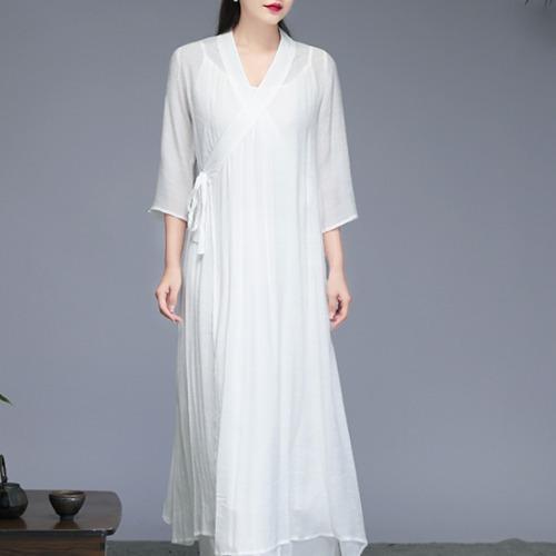 棉麻文藝長茶禪套裝（長袍/背心/寬褲） 中国风禅意女装棉麻茶服禅修服禅舞服装复古汉服连衣裙两件套批发