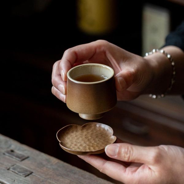 紫棕釉粗陶海棠杯托杯墊 紫棕釉粗陶海棠杯托杯墊