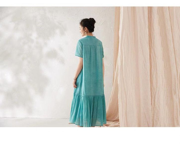 春夏盤釦改良旗袍禅意茶服連衣裙 2507夏季新款盘扣中国风改良旗袍禅意茶服中式文艺连衣裙茶艺中长