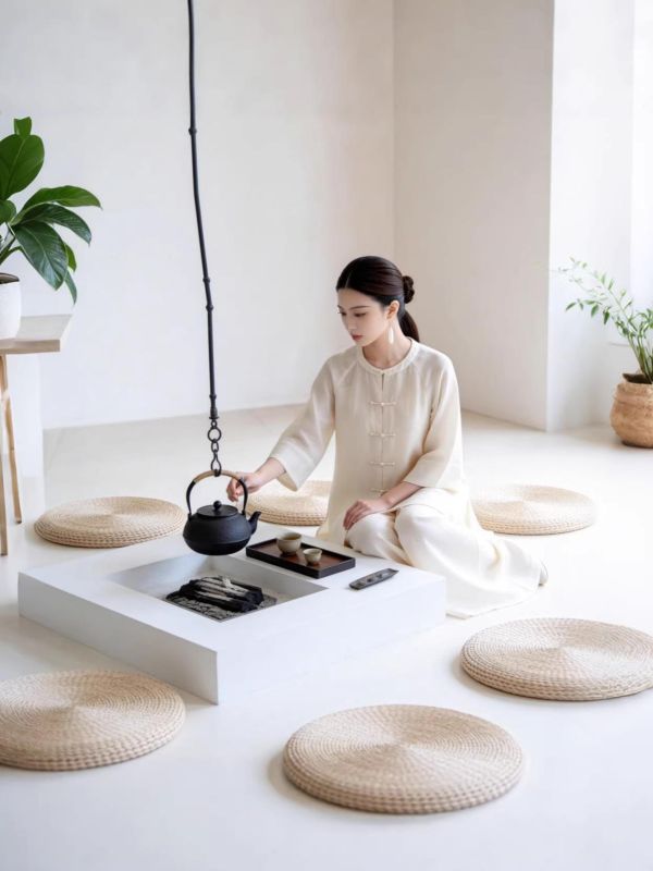 春夏秋杏白圓領盤釦長袍寬褲茶禪套裝 9257云栖茶语新中式圆领禅意套装春秋新款盘扣宽松打坐琴艺练功服