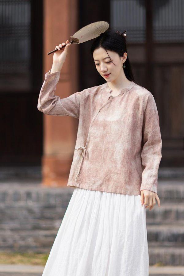 春夏苎麻渲染小衫禪意斜襟繫襯衫｜兩色 26夏女新品苎麻渲染小衫汉服改良斜襟系带衬衫禅意风透气防晒开衫