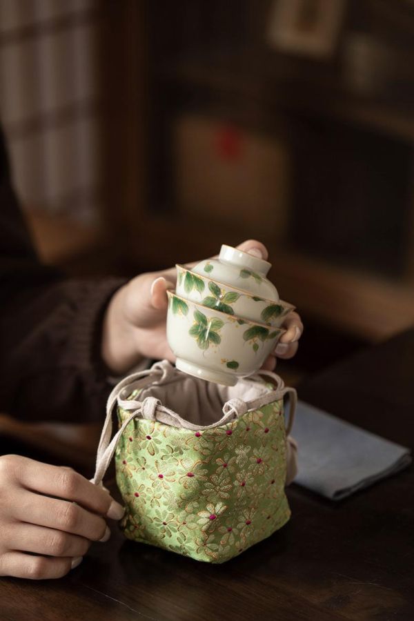 一人飲便攜旅行快客套組｜手繪桂花 一盖碗一杯纯手绘桂花一人饮草木灰主人杯家用陶瓷功夫茶具便携装