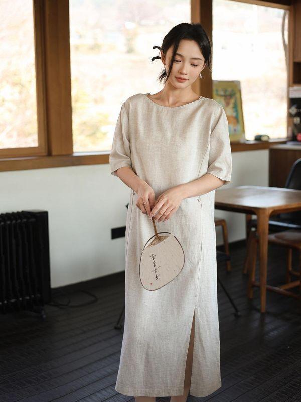 春夏亚麻短袖顯瘦掐腰連衣裙｜兩色 鹿与安笛夏季新款亚麻短袖连衣裙高级感气质掐腰显瘦日系a字长裙