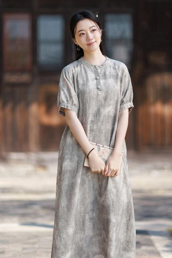 苎麻渲染顯瘦新中式泡泡袖連衣裙｜色 苎麻渲染气质显瘦新中式改良长裙茶歇法式泡泡袖长款连衣裙